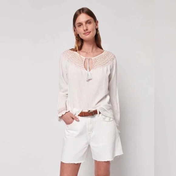 Faherty Tops - Faherty Peasant Blouse Womens L White Laura Embroidered Long Sleeve Boho Top